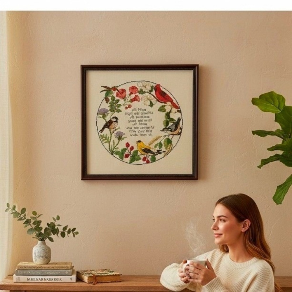 Circle of Songbirds Cross Stitch 1993 Framed Janlynn Bird Quote Art Handmade Vtg